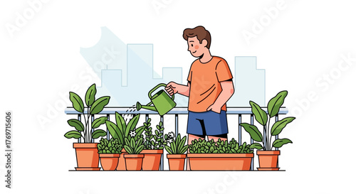 Man waters plants on a balcony with city buildings in the background.