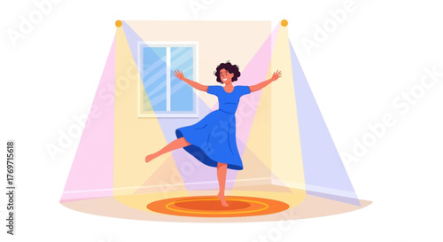 Woman dancing in a room with spotlights and a window.