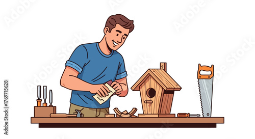 Man building a birdhouse at a workbench with tools and wood.