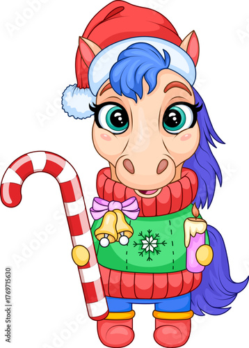 Сute christmas pony with candy cane. Cartoon holiday animal character for kids, festive nursery art clipart