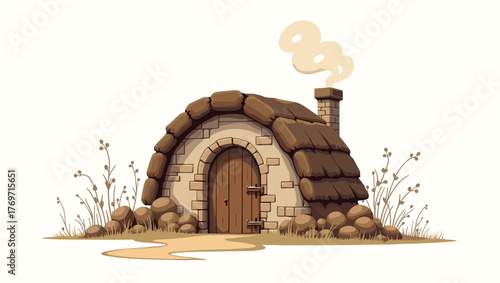 Shepherd hut with smoke made of stone and wood in dry meadow with rustic charm, peaceful rural concept