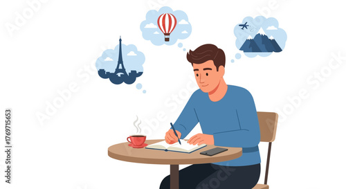 Man sitting at table writing in notebook, dreaming of travel destinations.