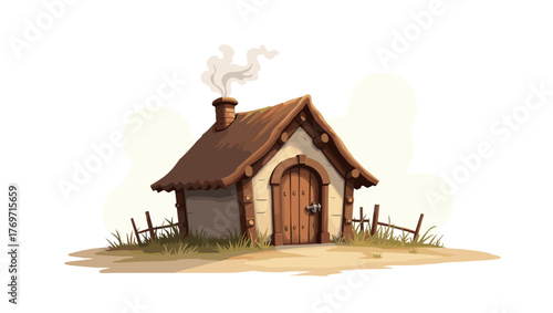 Shepherd hut with smoke and thatched roof on sunny field with soft shadows, fairytale countryside concept