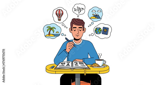 Illustration of a man planning a trip with travel destinations in thought bubbles.