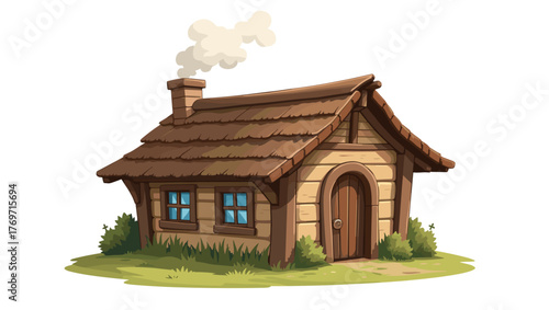 Shepherd hut with smoke and tiled roof with blue windows in green meadow, cozy fairytale concept