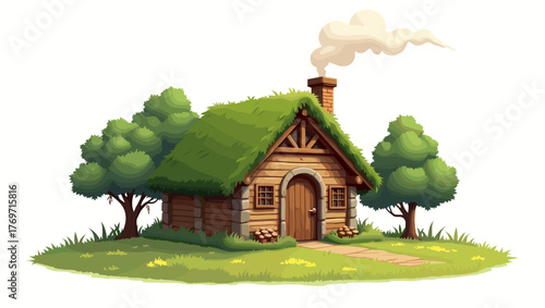 Shepherd hut with smoke and green grass roof surrounded by trees, idyllic rural landscape concept