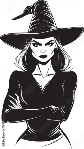 illustration of an angry or powerful witch in a hat and cloak