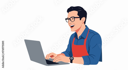 Illustration of a man wearing glasses and an apron using a laptop.