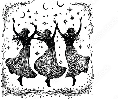 Dramatic black and white illustration of three dancing women with a negative or contrast effect