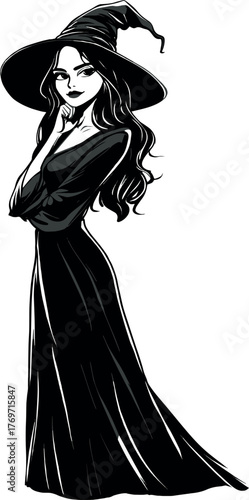 Vector illustration of a witch woman in a long dress and hat, isolated silhouette