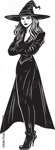 Vector illustration of a witch woman in a long dress and hat, isolated silhouette