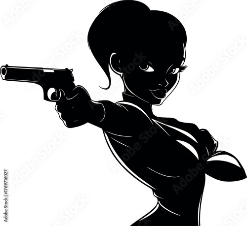Black silhouette of a female agent with a pistol
