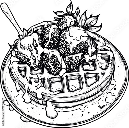 Outline drawing of Belgian waffles with strawberries and syrup