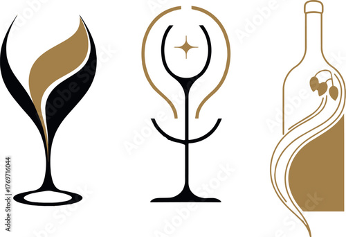 Mixed vector logo: wine glasses and abstract golden elements