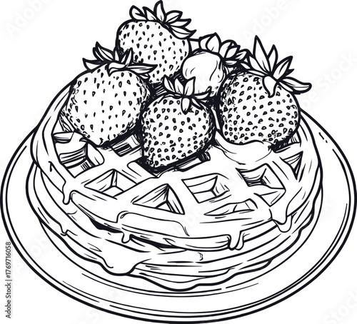 Outline drawing of Belgian waffles with strawberries and syrup