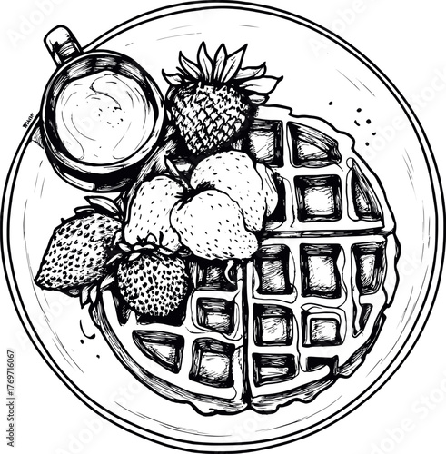Outline drawing of Belgian waffles with strawberries and syrup