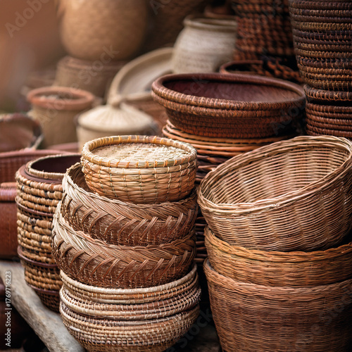 Stack of handwoven wicker baskets in earth tones, in an Indian market