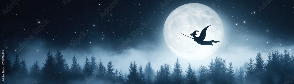 Fototapeta premium Enchanting silhouette of a flying figure against a bright full moon in a dreamy forest landscape at night