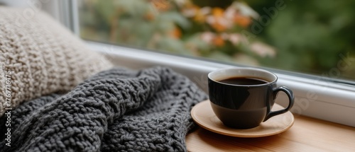 Wallpaper Mural A cozy setting features a warm mug of coffee resting on a knitted fabric, with snow-covered trees visible through the window Torontodigital.ca