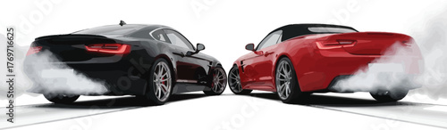 Two modern sports cars, one black and one red, are drifting and smoking their tires isolated on white background