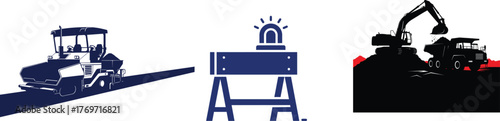 Construction Equipment and Warning Sign Icons on White Background Keywords: asphalt roller, road construction, paving machine