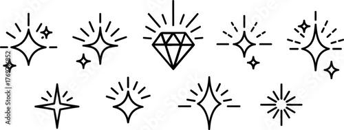 Collection of various line art style star and diamond shapes on a white background design element set