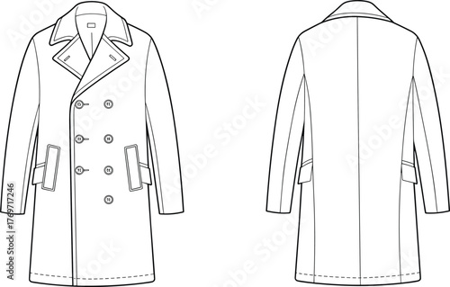 Double‑breasted overcoat front and back view, fashion design template, garment illustration, coat mockup, clothing vector, apparel outline, retail production
