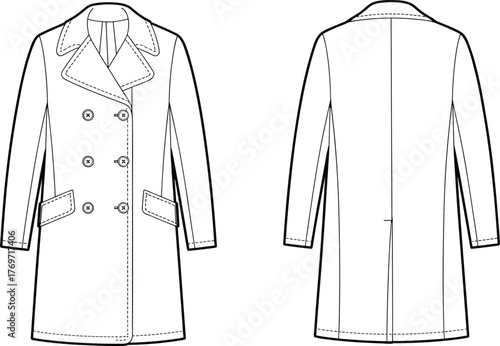 Double‑breasted overcoat front and back view, fashion design template, garment illustration, coat mockup, clothing vector, apparel outline, retail production