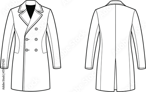 Double‑breasted overcoat front and back view, fashion design template, garment illustration, coat mockup, clothing vector, apparel outline, retail production
