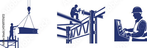 Construction Workers and Equipment Silhouettes on a White Background Keywords: construction workers, equipment, silhouettes, crane