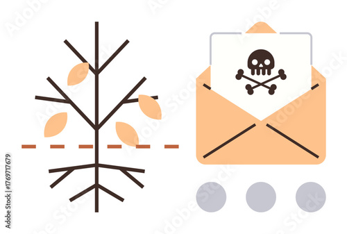 Dry tree losing leaves next to an envelope containing a skull warning. Ideal for hazards, warnings, nature, risk, toxicity, environment, sustainability. A bold and simple flat metaphor