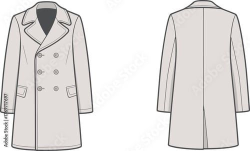 Double‑breasted overcoat front and back view, light coat illustration, fashion design template, garment mockup, clothing vector, apparel outline, retail production