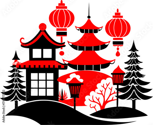 Asian-style Christmas  red lanterns and pine trees with snow, mixed cultural holiday vector silhouette vector icon , black and white , white background 