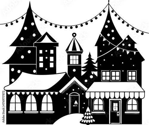 European village , Christmas , market with lights and snow, cozy warm illustration ,  silhouette vector icon , black and white , white background 