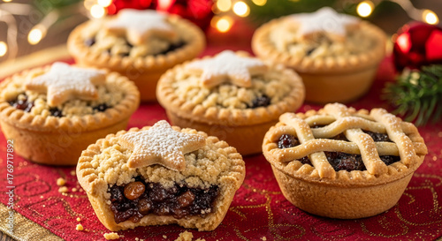 Wallpaper Mural Delicious Christmas Mince Pies with Star and Lattice Toppings on a Festive Red Background Torontodigital.ca