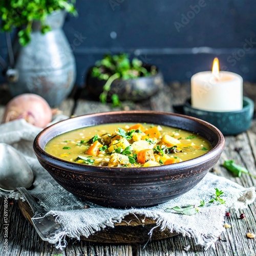 Hearty autumn soup in a rustic bowl with golden broth, fresh herbs, and seasonal vegetables, cozy fall decor, warm candlelight, hygge kitchen ambiance, gourmet comfort food.