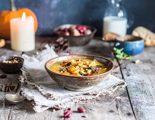 Hearty autumn soup in a rustic bowl with golden broth, fresh herbs, and seasonal vegetables, cozy fall decor, warm candlelight, hygge kitchen ambiance, gourmet comfort food.