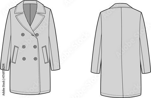Overcoat front and back view, fashion design template, garment illustration, coat mockup, clothing vector, apparel outline, retail production, double‑breasted overcoat