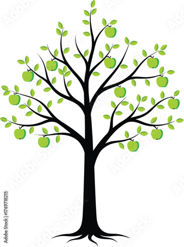 Stylized Apple Tree with Green Apples and Fresh Leaves, Simple Modern Vector Illustration of Fruit, Harvest, and Organic Food, Ideal for Eco-Friendly Design, Education, and Health Concepts.