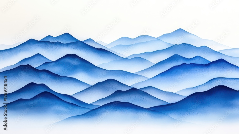 Fototapeta premium Serene Blue Mountain Range Landscape with Soft Hills and Gentle Gradients in Watercolor Style