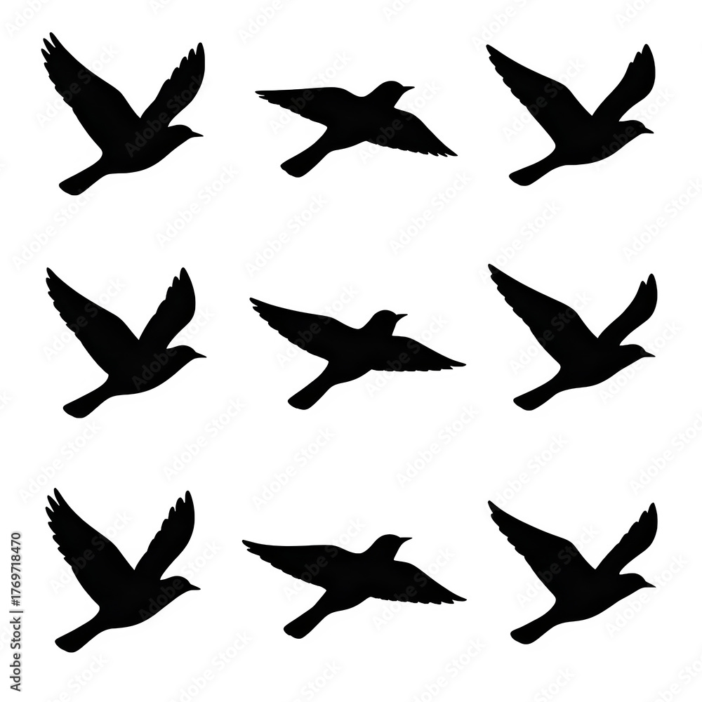Obraz premium A collection of nine black silhouette flying birds on a white background, captured in various poses