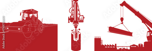 Red Silhouettes of Construction Vehicles and Industrial Factory road roller drilling rig