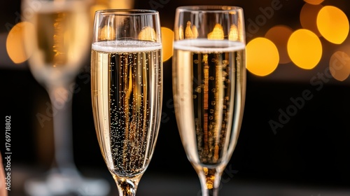Sparkling champagne flutes with bubbles in elegant setting during festive celebration with soft glowing lights in background