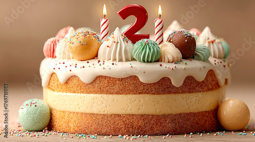 Birthday cake with number two candles and colorful decorations for second anniversary celebration