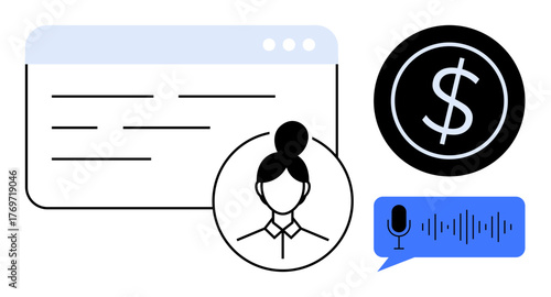 Profile avatar, web page, dollar sign in black circle, speech bubble with audio wave. Ideal for technology, money transfer, digital profiles, communication, e-commerce fintech simple flat metaphor