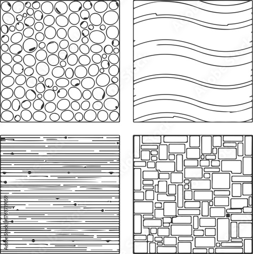 Set of Material Hatch Symbols for Architecture and Landscape Design Including Stone Wall, Grass, and Water Pattern Outline