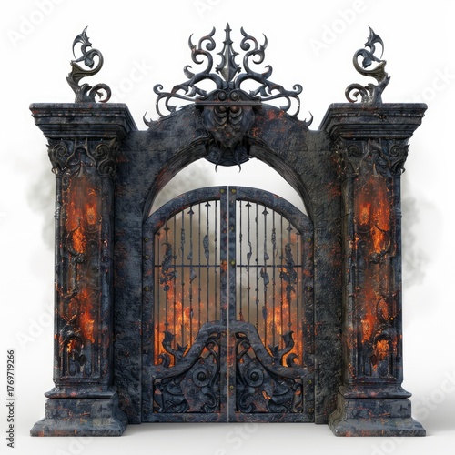 Ornate metal gate with pillars, burning with bright orange fire, isolated on a white background