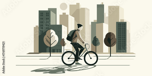 Urban Cycling Silhouette of a Cyclist in the City with Buildings and Trees
