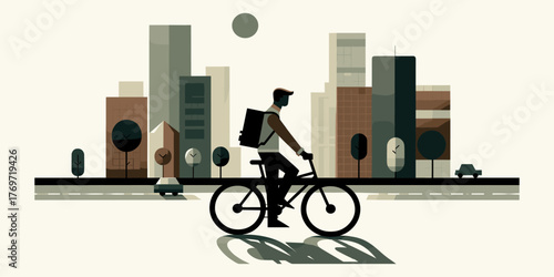 Courier on Bicycle Delivers Packages in Urban Cityscape