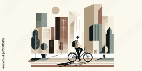 Urban Commute Cyclist Navigating Cityscape with Buildings, Trees, and Shadows in Minimalist Style
